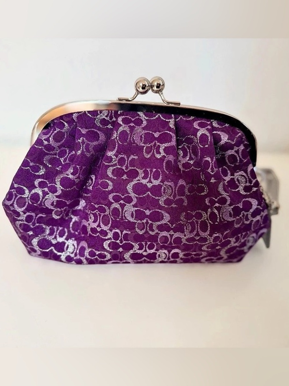 Coach Purple Metallic Signature Pleated Frame Clutch Wristlet